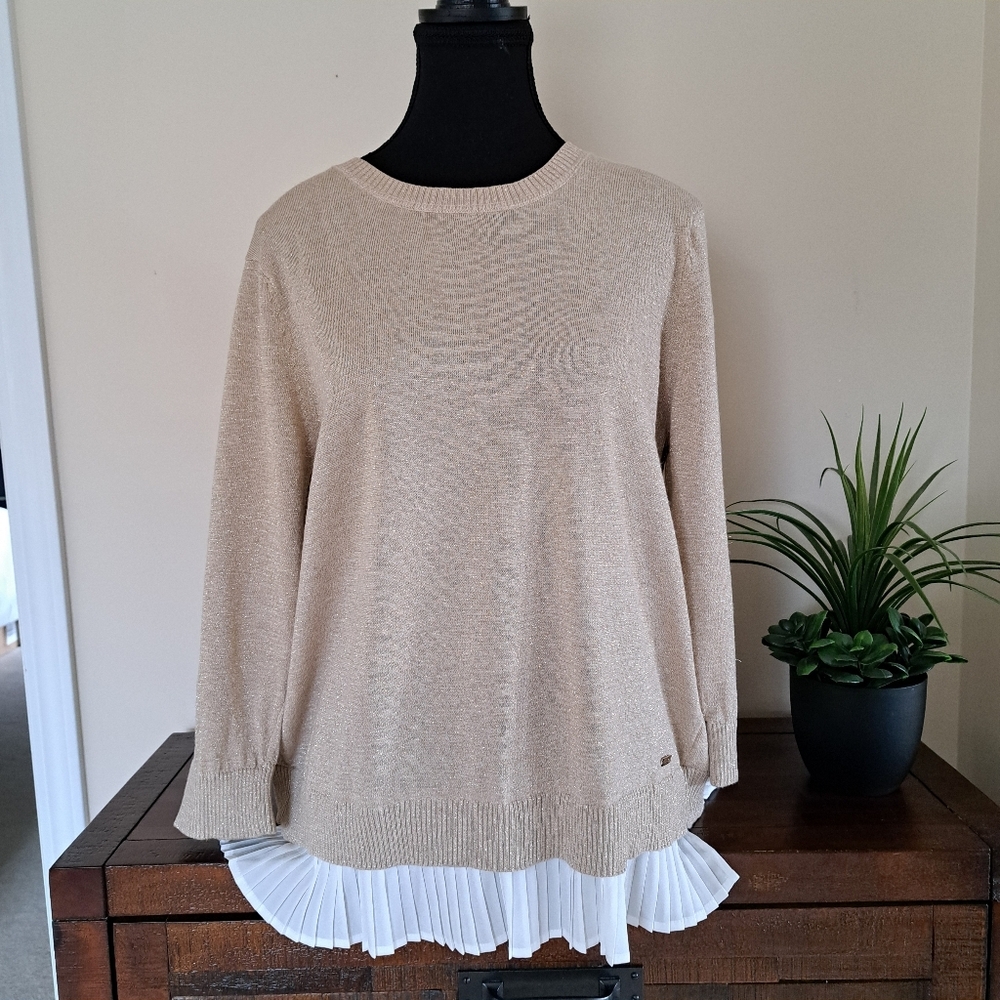 Calvin Klein Sweater 3/4 Sleeve Gold Metallic Size Large Cream Layered Blouse - Picture 13 of 14